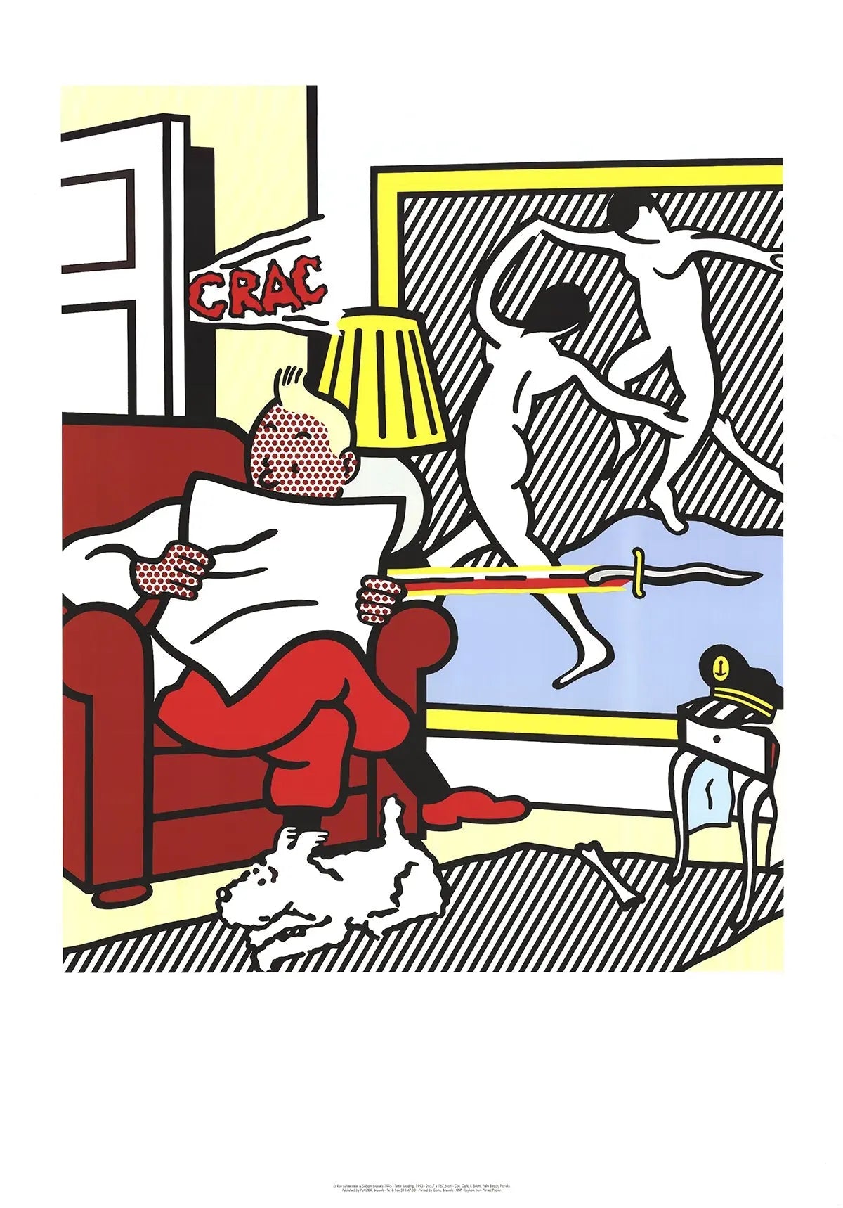 Vintage Roy Lichtenstein Tintin reading offset lithograph poster from 1995 exhibition, featuring comic-style artwork and bold colors.