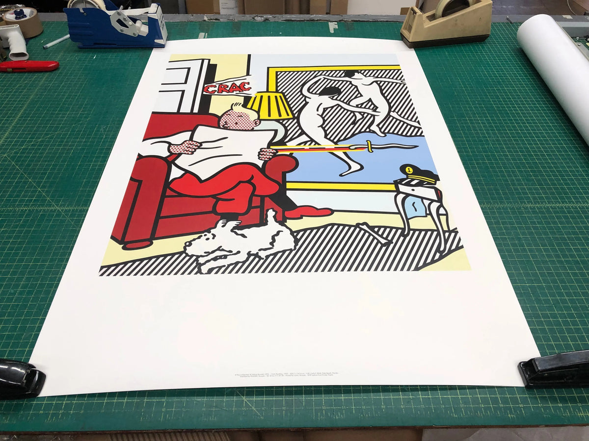 Vintage Roy Lichtenstein Tintin reading offset lithograph poster from the 1995 exhibition, featuring comic-style artwork.