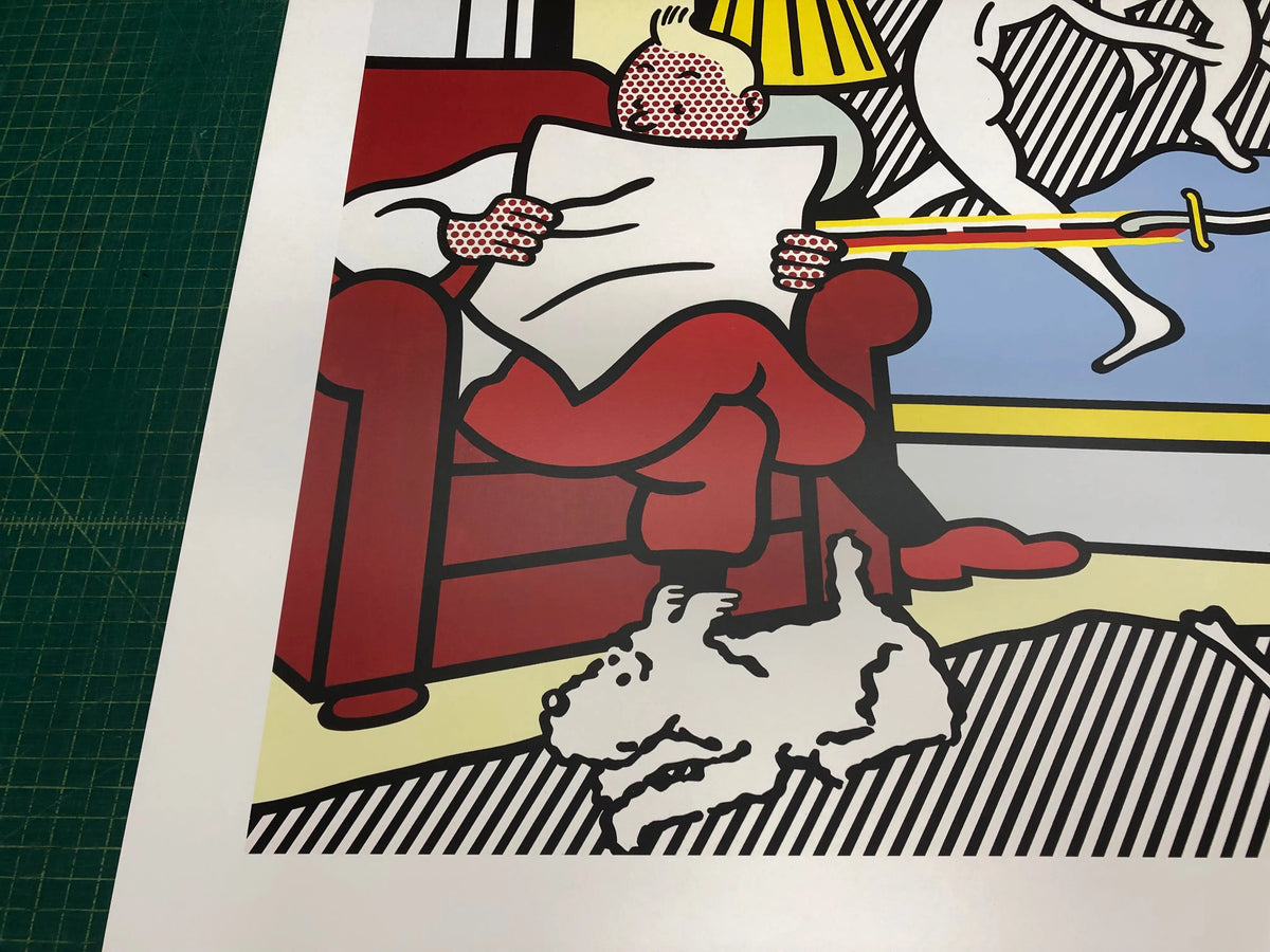Vintage Roy Lichtenstein Tintin reading offset lithograph poster from the 1995 exhibition displaying comic-style artwork.