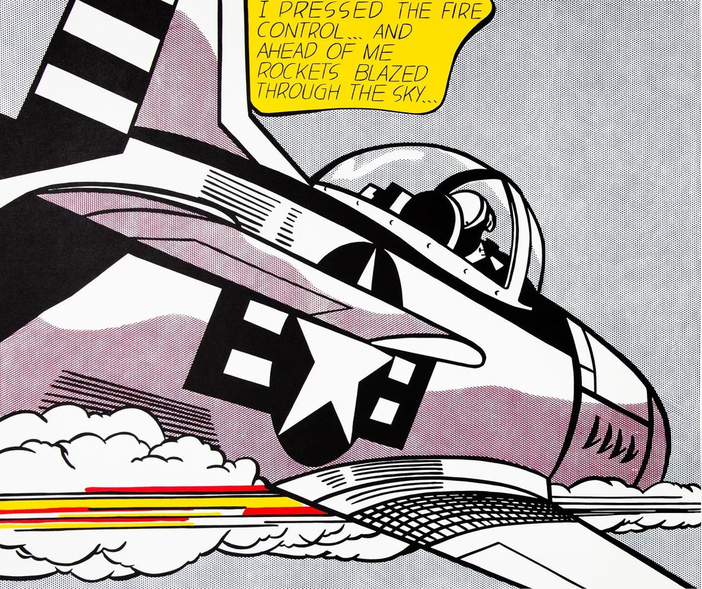 Limited edition 1968 Roy Lichtenstein "WHAAM" offset lithograph print showing bold comic book style artwork and vibrant colors.