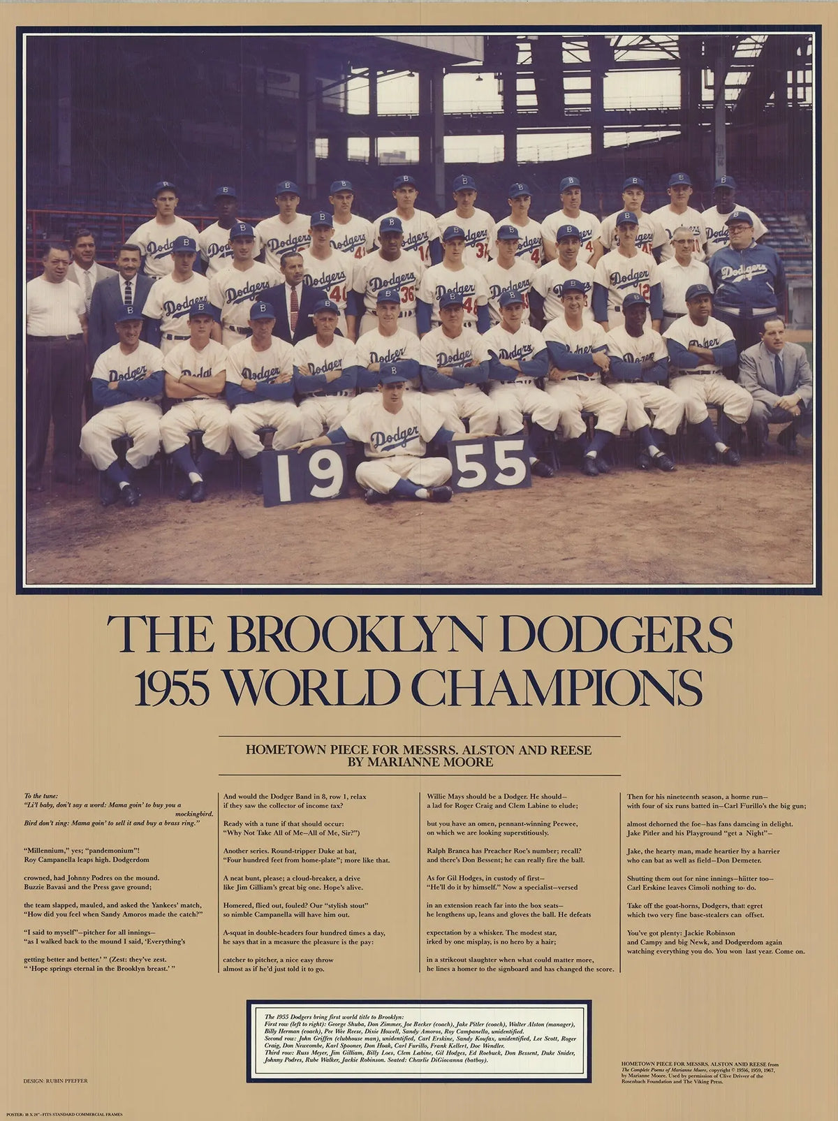 Rubin Pfeffer Brooklyn Dodgers 1955 World Champions art print poster featuring vintage team design and historic baseball memorabilia