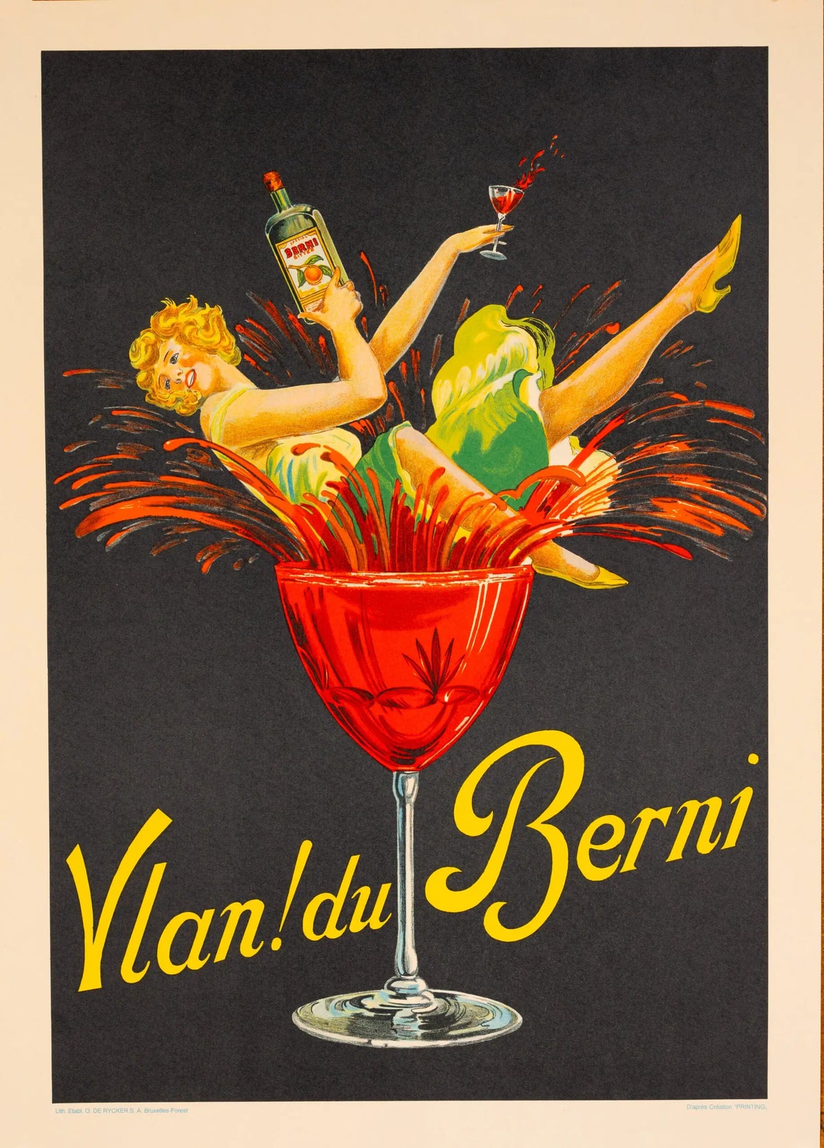 Original 1930s Art Deco Belgian liqueur poster for Vlan du Berni by Rycker Brussels, featuring vintage design and vibrant colors.