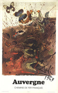 Vintage Salvador Dalí Auvergne 1970 French Railway lithograph poster featuring surreal artwork and railway imagery.