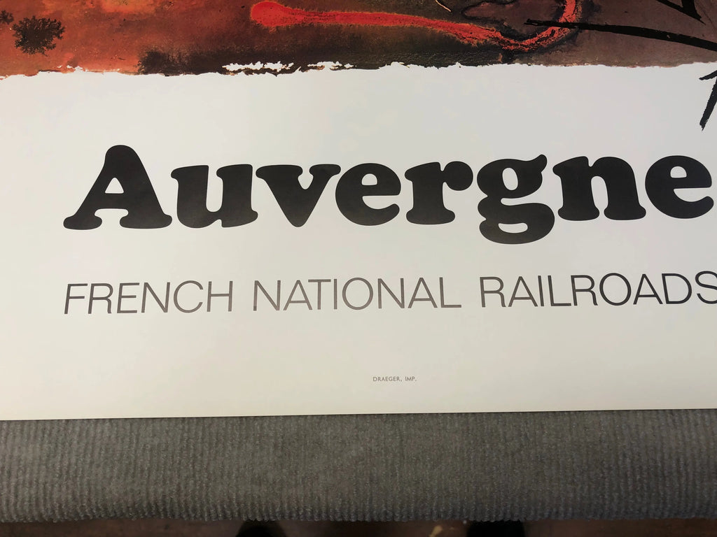 Vintage Salvador Dalí Auvergne 1970 French Railway lithograph poster showcasing surreal artwork and French railway travel scenes.