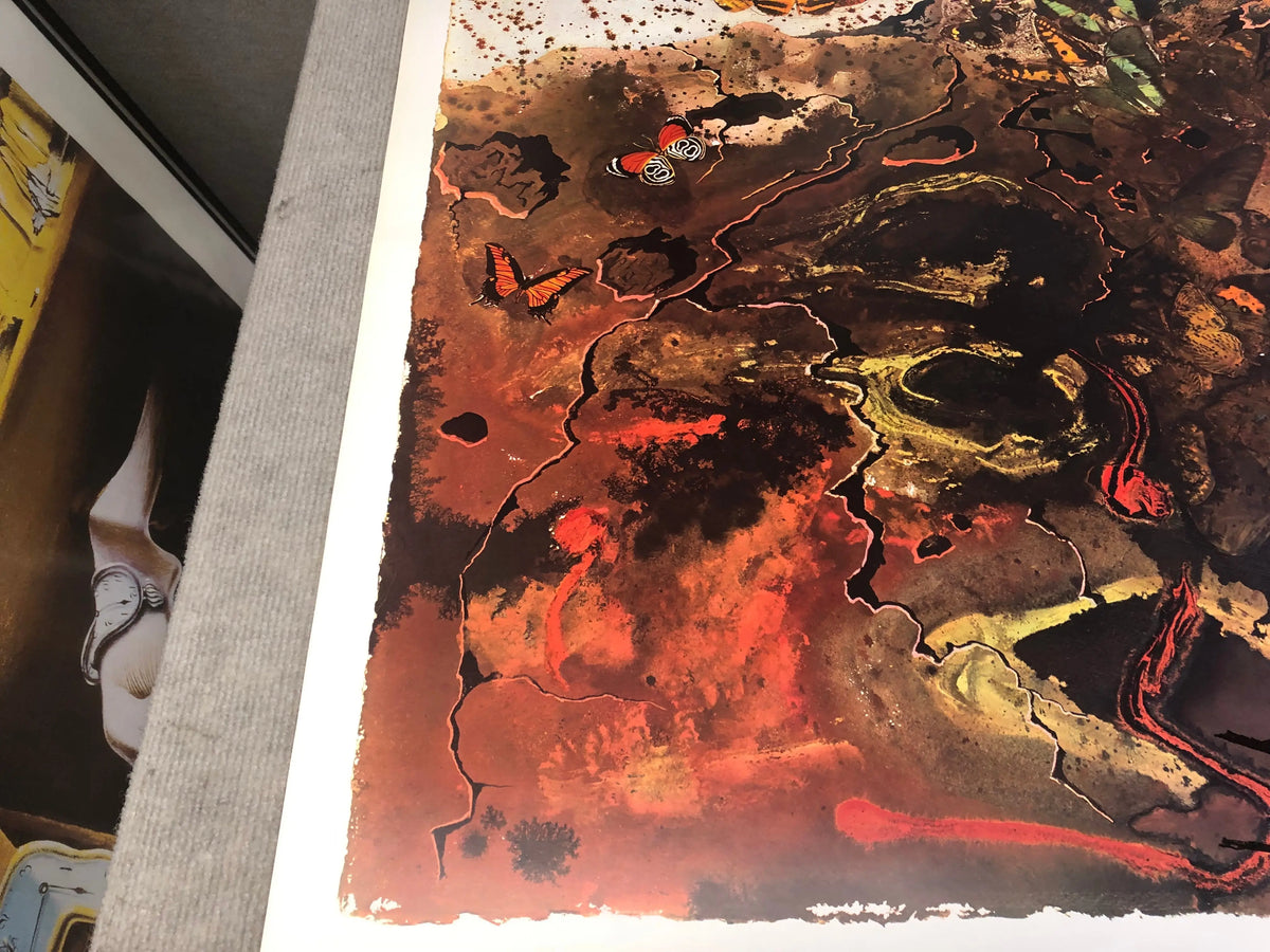 Vintage Salvador Dalí Auvergne 1970 French Railway lithograph poster showcasing surreal artwork and railway scene.