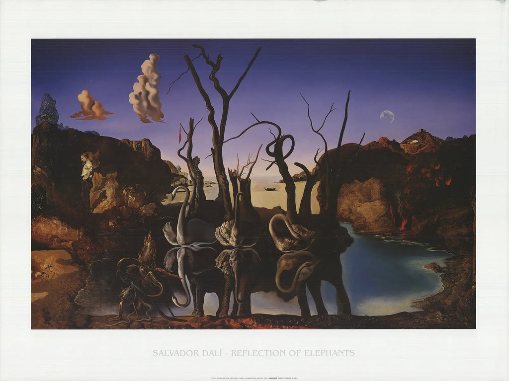 Salvador Dali Reflection of Elephants 2001 surrealist art lithograph poster showing elephants with elongated shadows and dreamlike landscape.