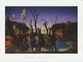 Salvador Dali Reflection of Elephants 2001 surrealist art lithograph poster showing elephants with elongated shadows and dreamlike landscape.