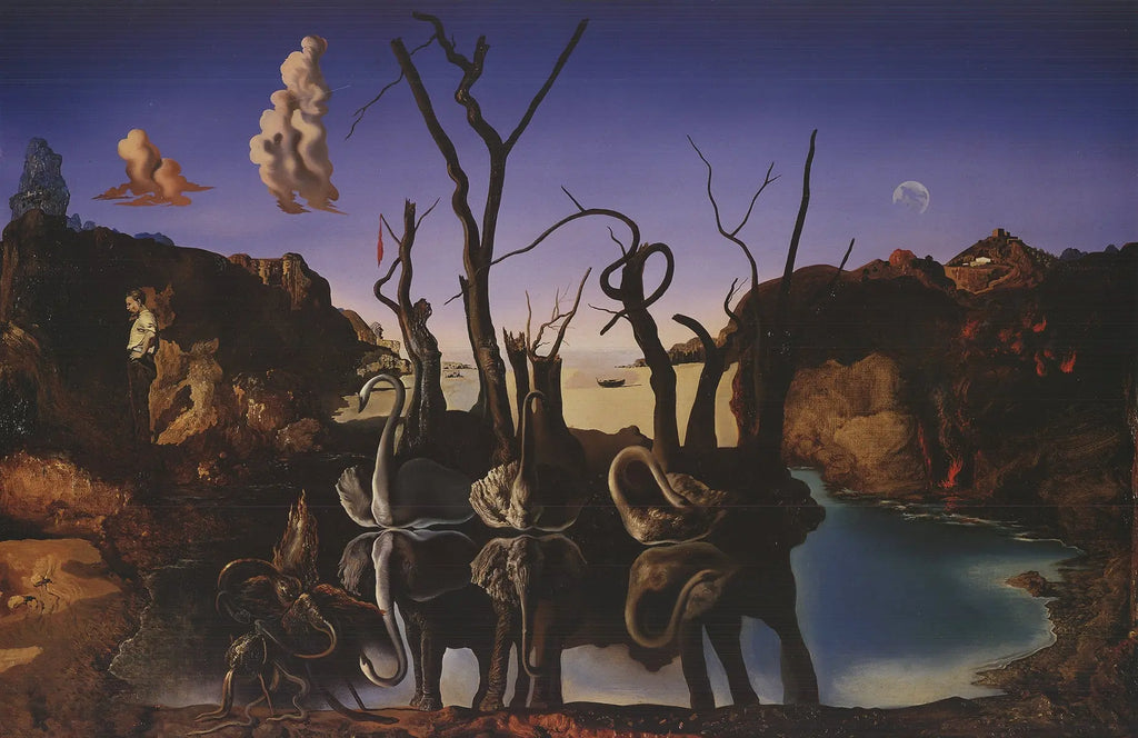 Salvador Dali Reflection of Elephants 2001 surrealist art lithograph poster featuring elephants and abstract reflections.