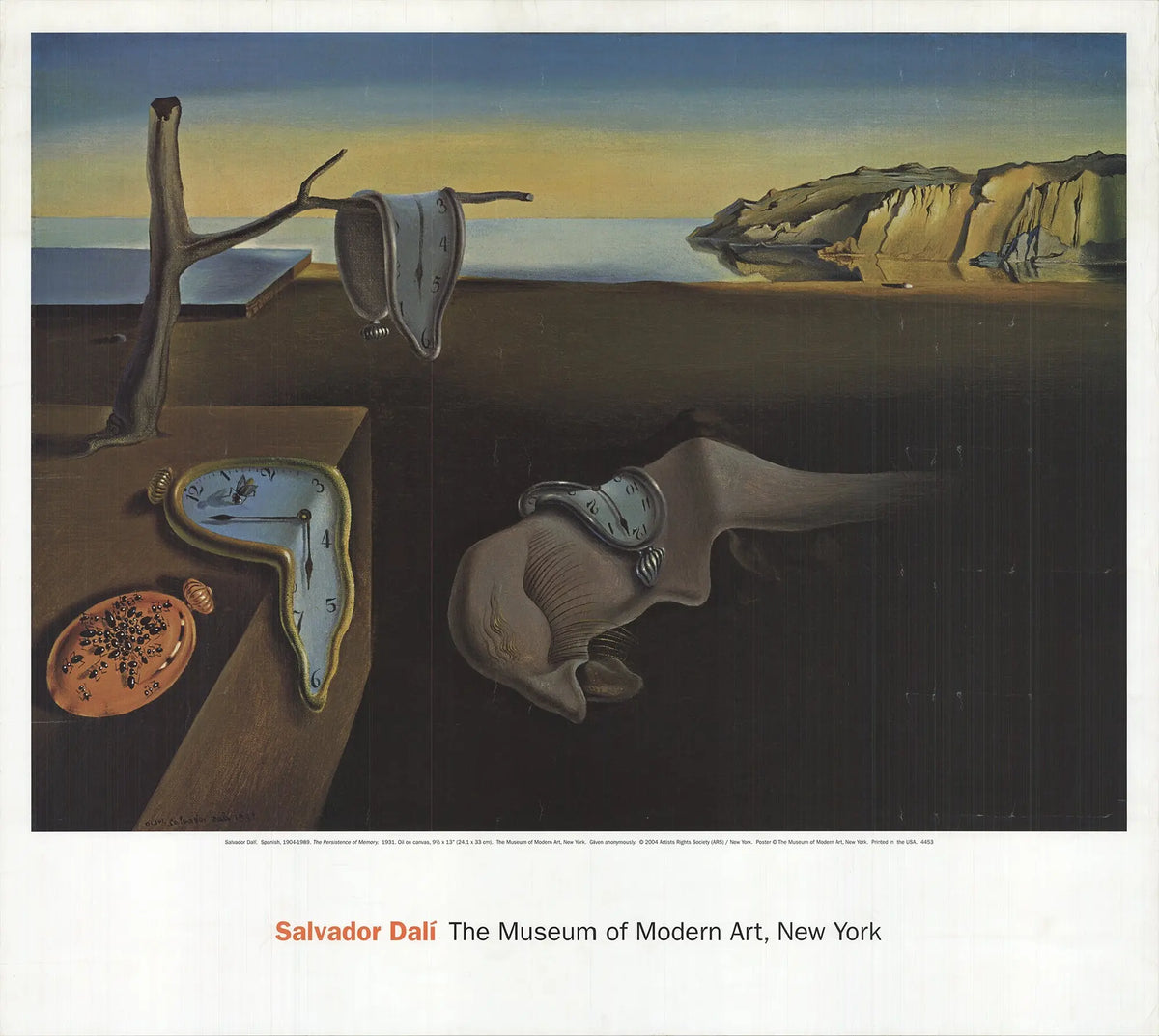 Salvador Dali The Persistence of Memory 2004 MoMA exhibition poster featuring melting clocks and surreal landscape artwork.