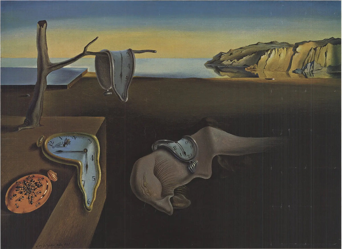 Salvador Dali The Persistence of Memory 2004 MoMA exhibition poster featuring surreal melting clocks and Dali's signature style.