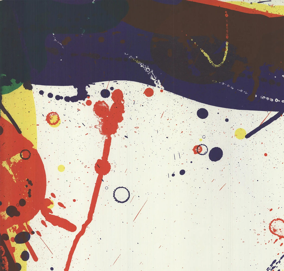 Abstract lithograph by Sam Francis from the National Collection of Fine Arts, 1968, featuring vibrant colors and dynamic shapes.