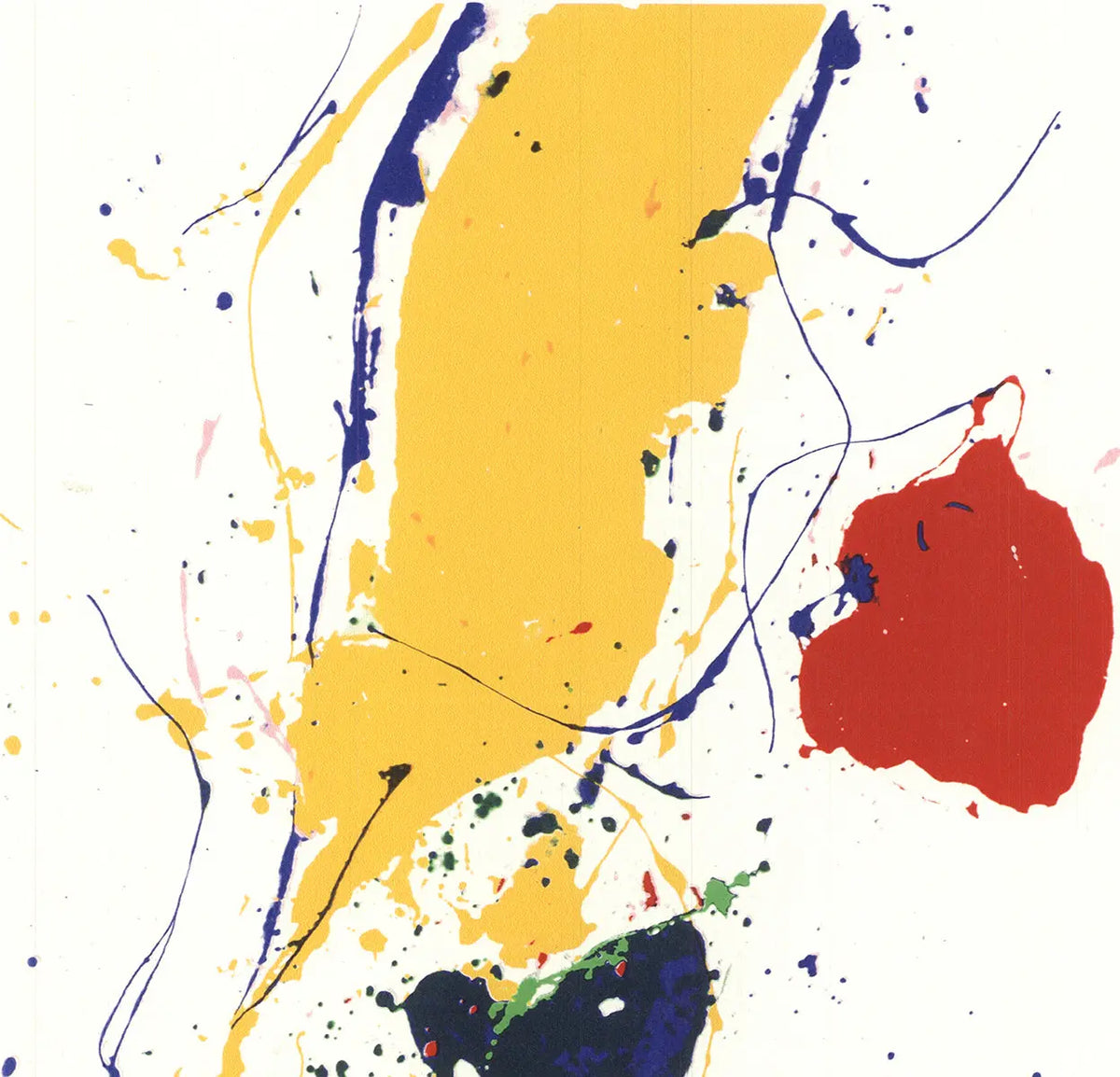Abstract expressionist serigraph art print by Sam Francis titled "Untitled" from 1985, featuring vibrant colors and dynamic brushstrokes.