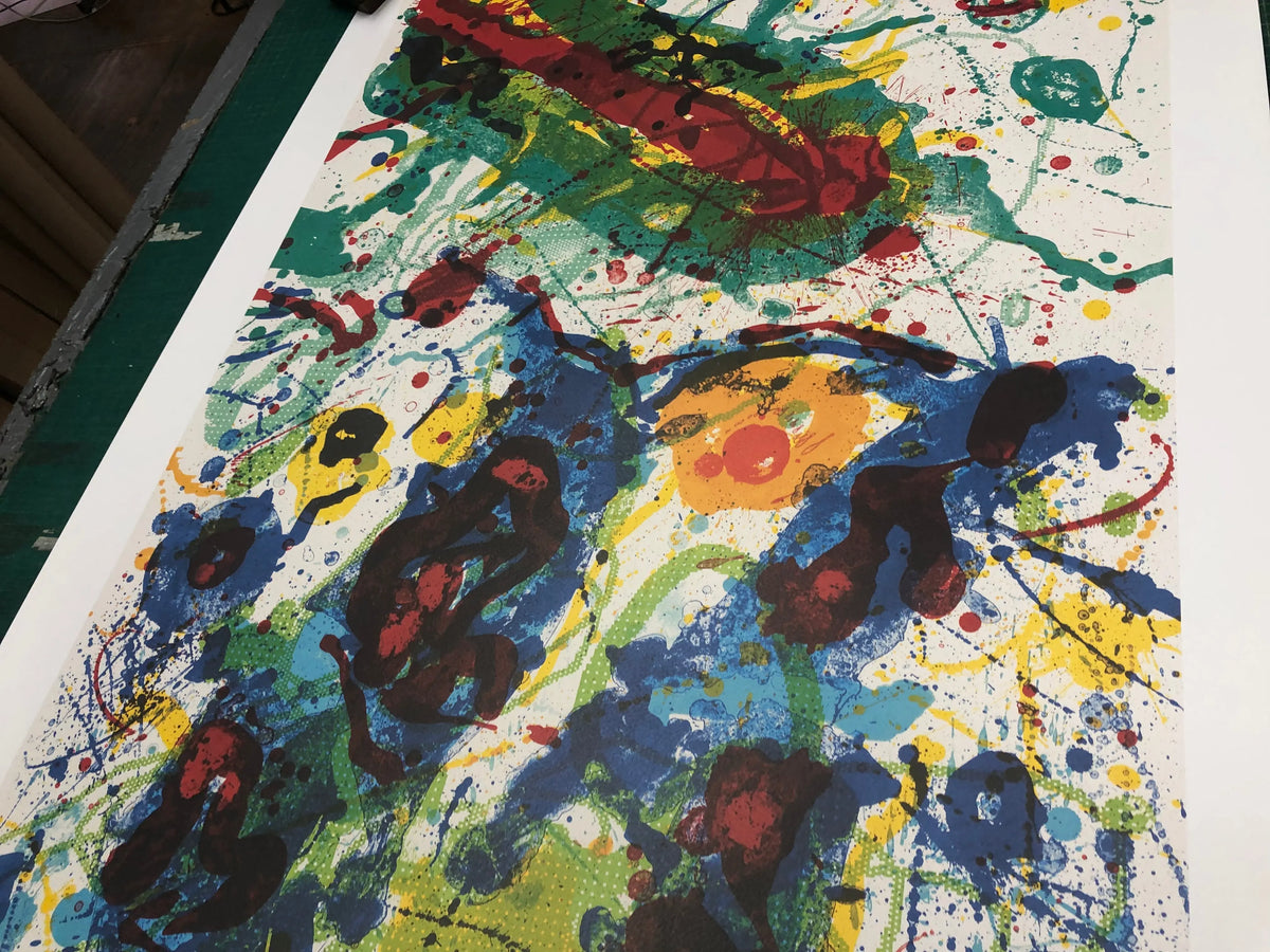 Large Sam Francis Untitled SF-341 offset lithograph art print, vibrant abstract colors on paper, framed artwork.
