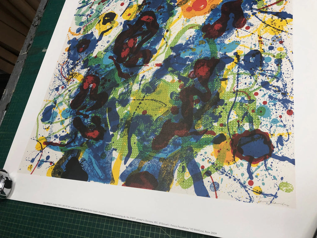 Large Sam Francis Untitled SF-341 offset lithograph art print showcasing abstract, colorful modern artwork on paper.