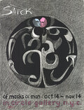 Original lithograph print by Ronald Satok titled "Masks and Man" from 1972, featuring artistic portraits and abstract designs.