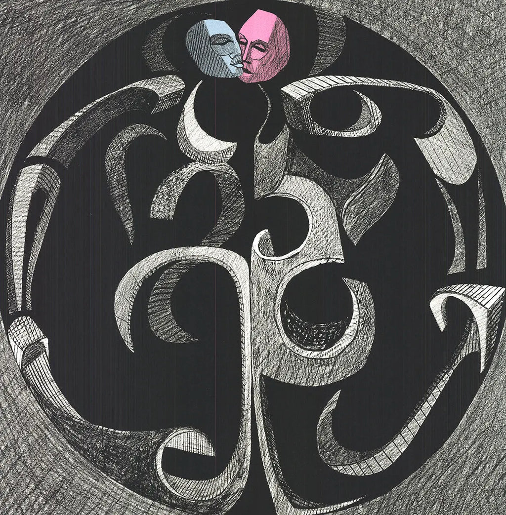 Original lithograph print by Ronald Satok titled "Masks and Man" from 1972, featuring abstract mask and human figure artwork.