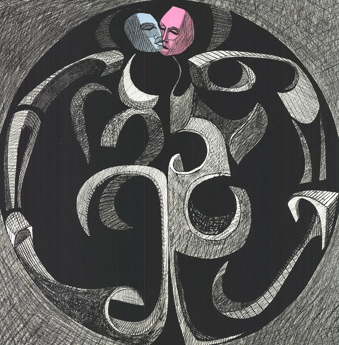 Original lithograph print by Ronald Satok titled "Masks and Man" from 1972, featuring abstract mask and human figure artwork.