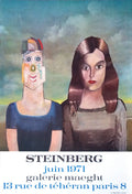 Saul Steinberg Couple 1971 original lithograph art poster featuring abstract figures, displayed in a vintage exhibition setting.