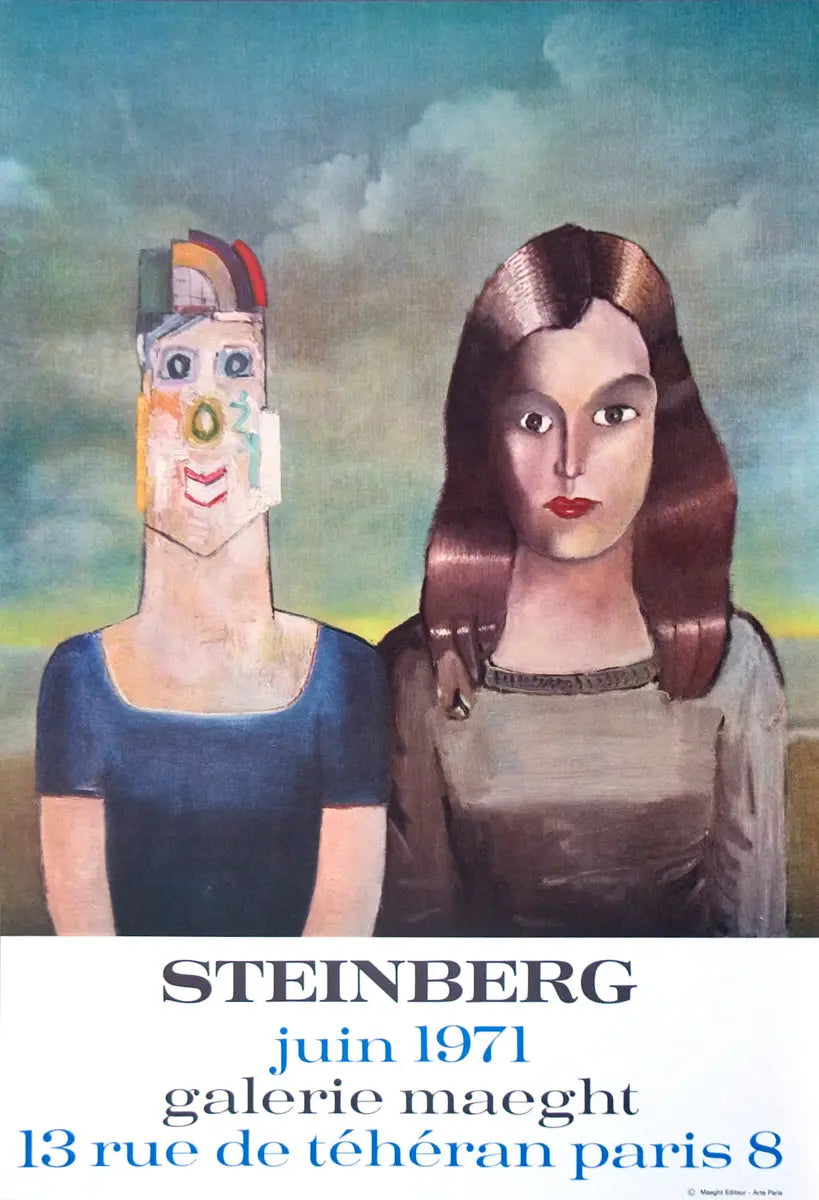Saul Steinberg Couple 1971 original lithograph art poster featuring abstract figures, displayed in a vintage exhibition setting.