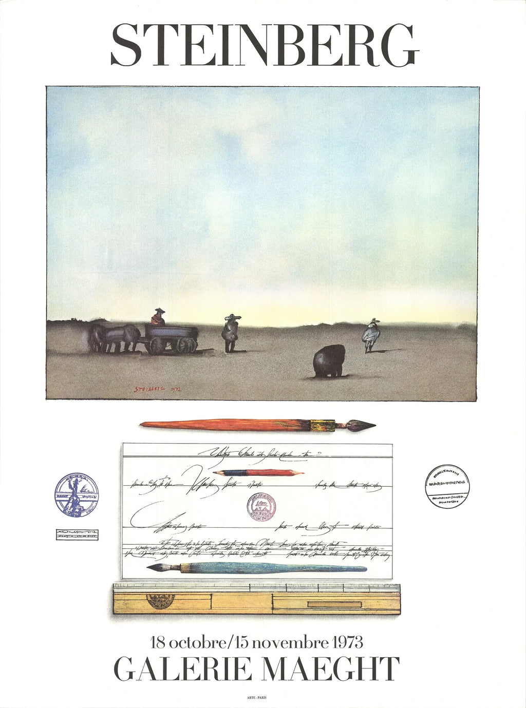 Original Saul Steinberg lithograph poster featuring crayon and landscape artwork from the 1973 exhibition.