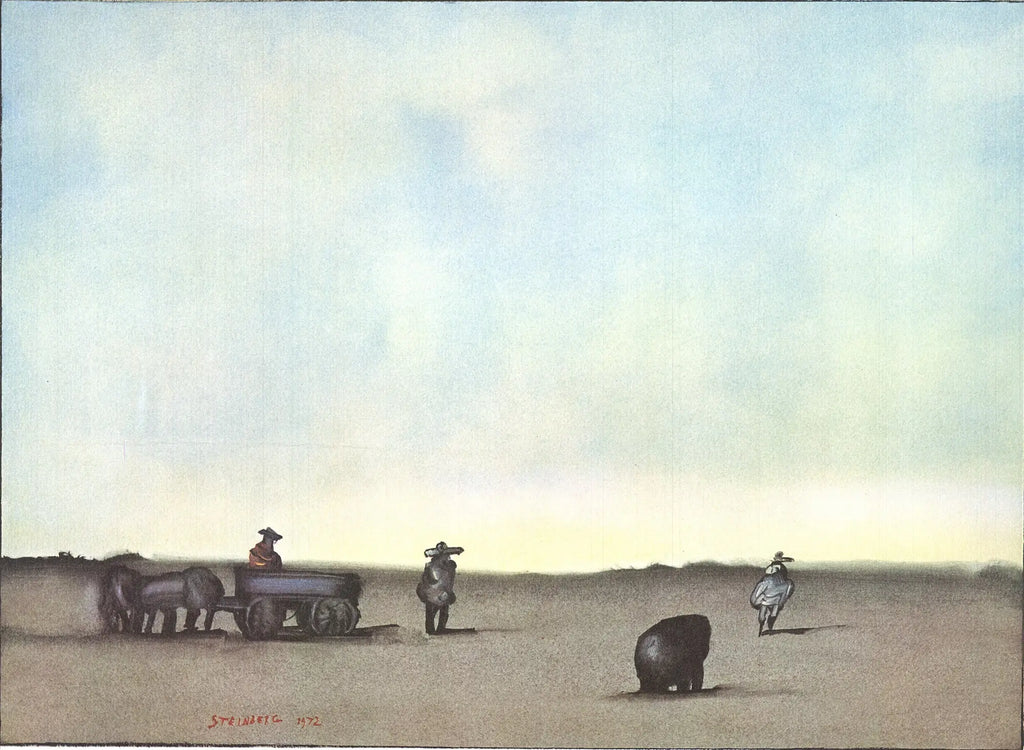Original Saul Steinberg lithograph poster titled "Crayon et Paysage" from 1973, featuring abstract landscape artwork.