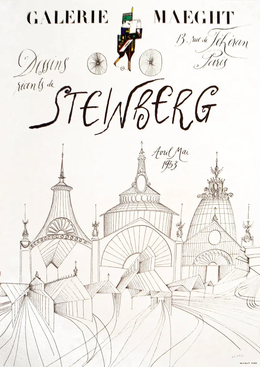 Saul Steinberg Galerie Maeght 1953 lithograph art poster featuring abstract and illustrative design by the renowned artist.