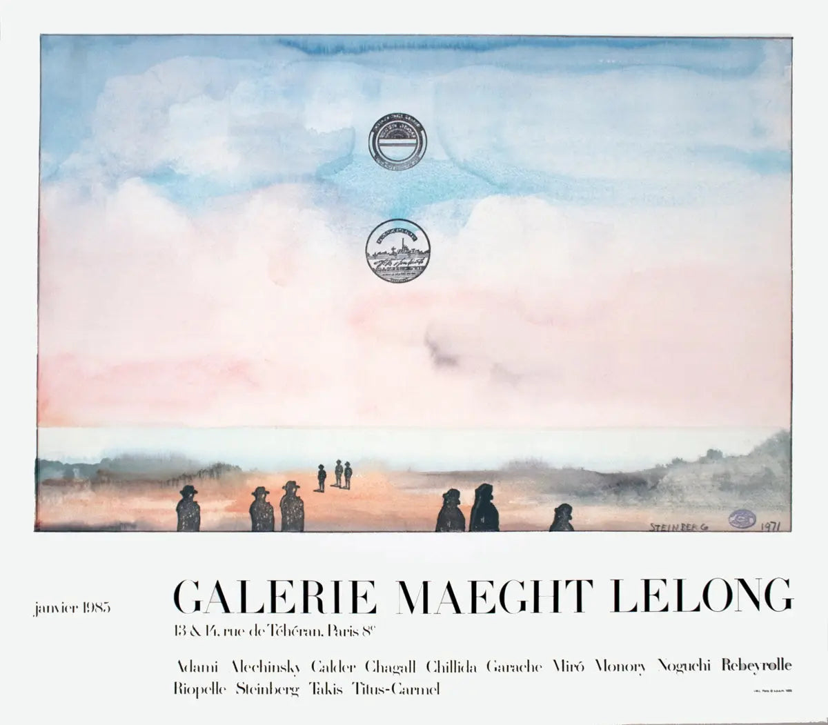 Original Saul Steinberg Galerie Maeght Lelong 1985 art poster showcasing abstract illustrations and vibrant colors.