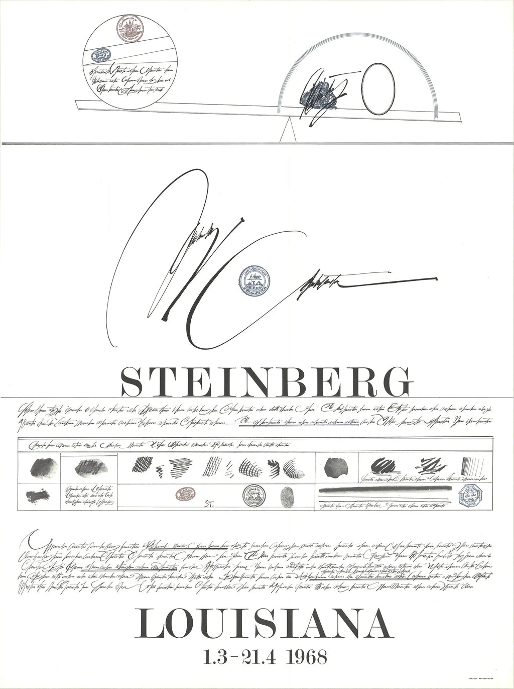 Saul Steinberg Louisiana 1968 original offset lithograph exhibition poster showing abstract artwork and vintage design elements.