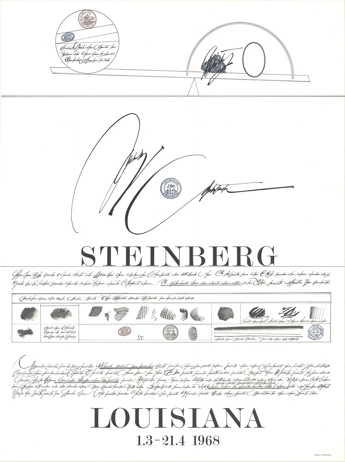 Saul Steinberg Louisiana 1968 original offset lithograph exhibition poster showing abstract artwork and vintage design elements.