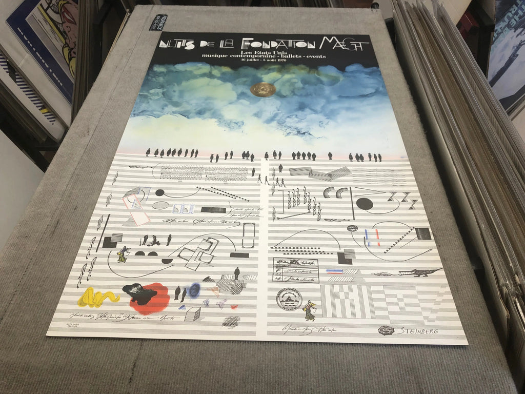 Vintage Saul Steinberg lithograph poster titled Nuits De La Fondation 1970, featuring abstract artwork and bold design.