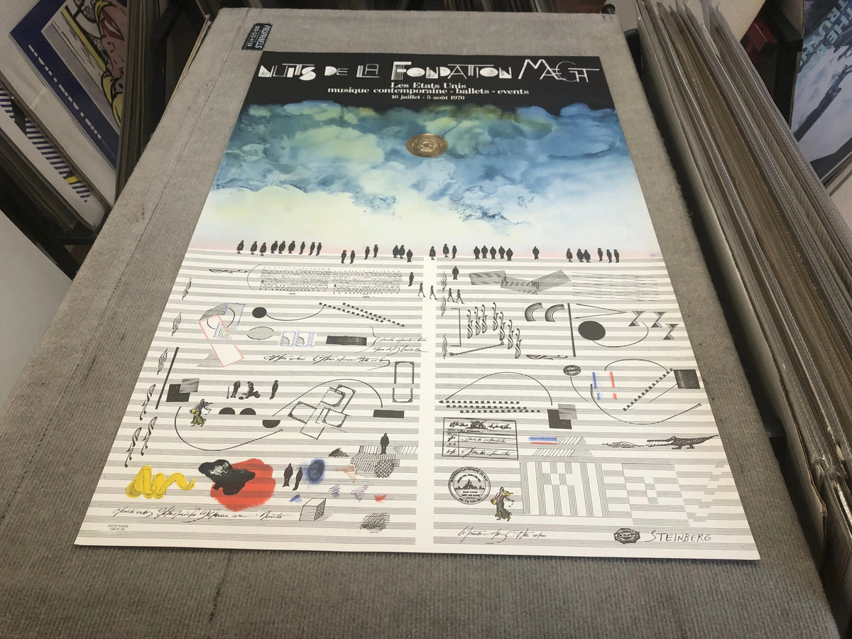 Vintage Saul Steinberg lithograph poster titled Nuits De La Fondation 1970, featuring abstract artwork and bold design.