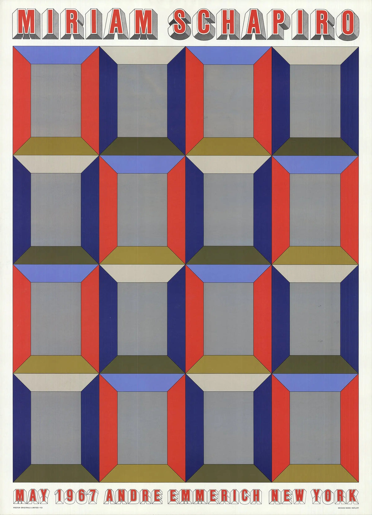 Vintage Miriam Schapiro Silver Windows 1967 art exhibition poster featuring abstract silver window designs from the André Emmerich Gallery.