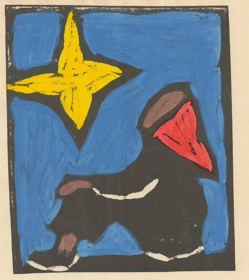 Hand-finished art print of a woman with a star by Peter Schumann, 1970, showcasing detailed artistic craftsmanship.