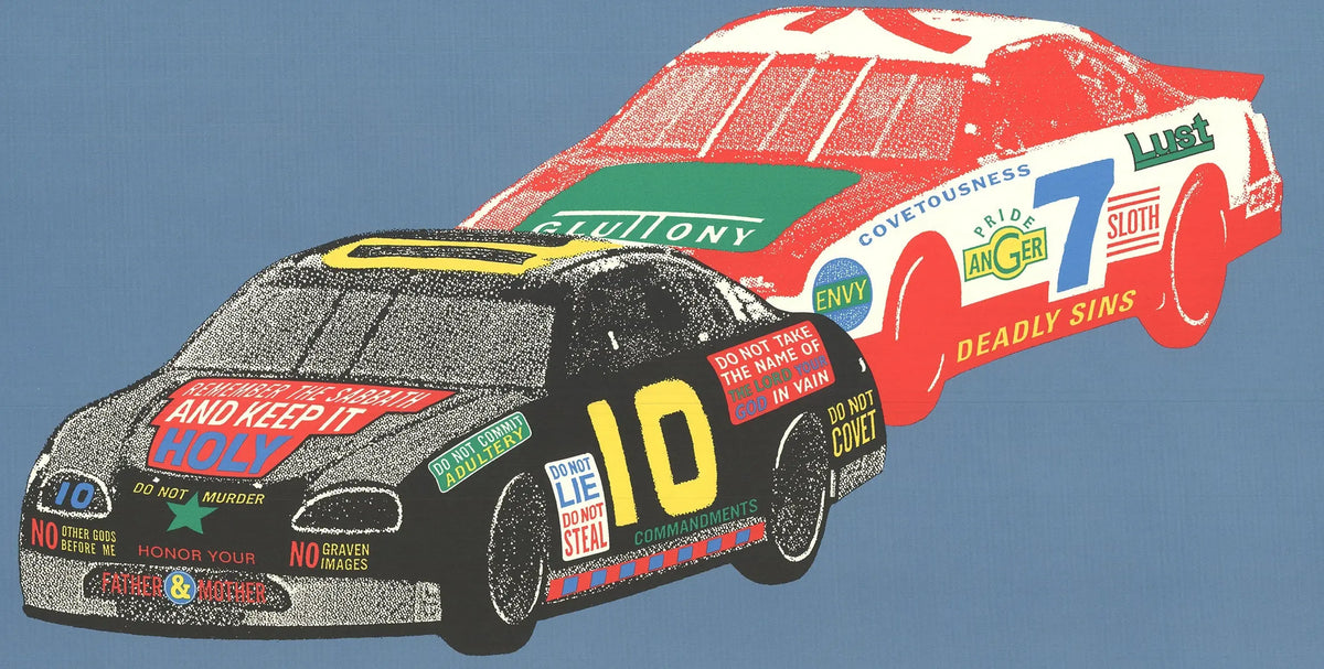 Original Seymour Chwast Cars VIII 1996 offset lithograph art poster showcasing colorful vintage car design.