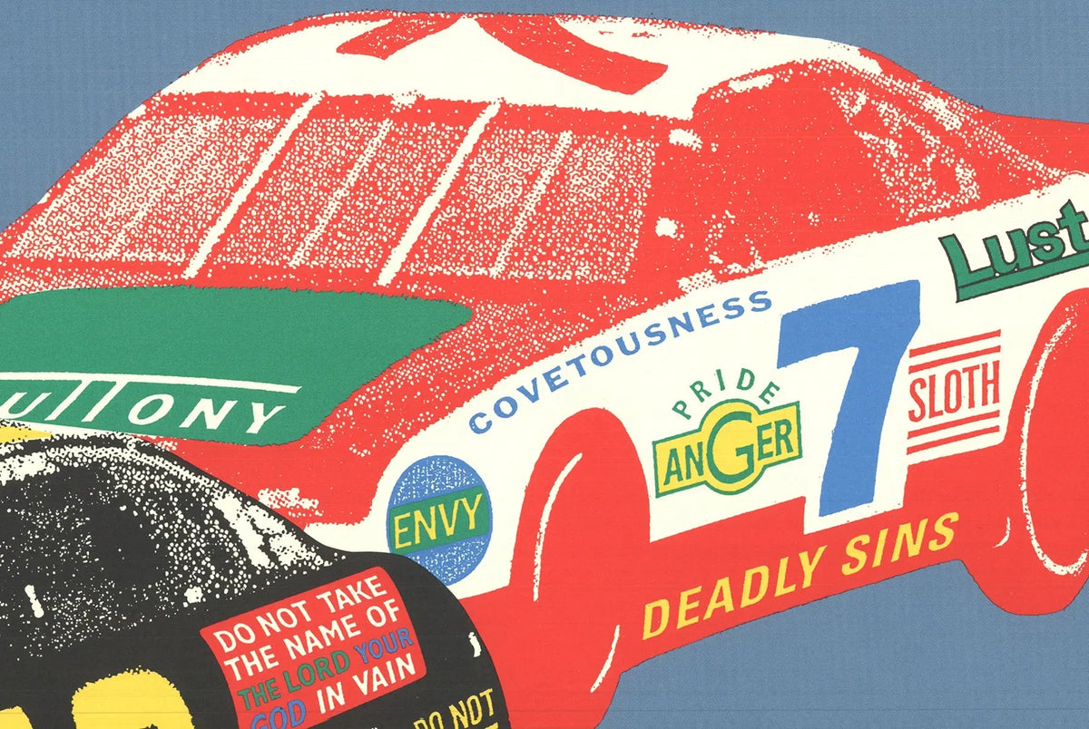 Original Seymour Chwast Cars VIII 1996 offset lithograph art poster featuring colorful vintage car illustrations.