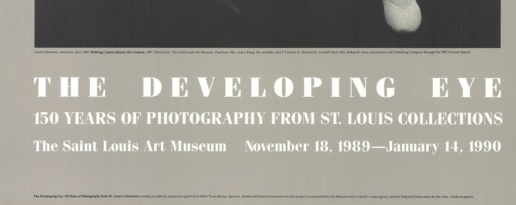 Laurie Simmons Walking Camera Jimmy the Camera 1989 exhibition poster featuring artwork of a camera and a walking figure.