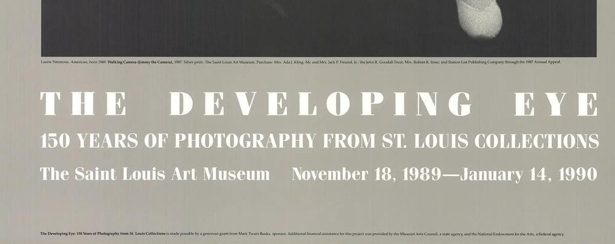 Laurie Simmons Walking Camera Jimmy the Camera 1989 exhibition poster featuring artwork of a camera and a walking figure.