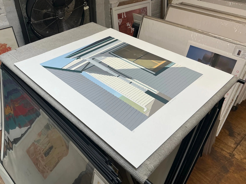 Gretchen Dow Simpson Westport Massachusetts 1991 signed limited edition serigraph artwork showing coastal scene with boats and shoreline