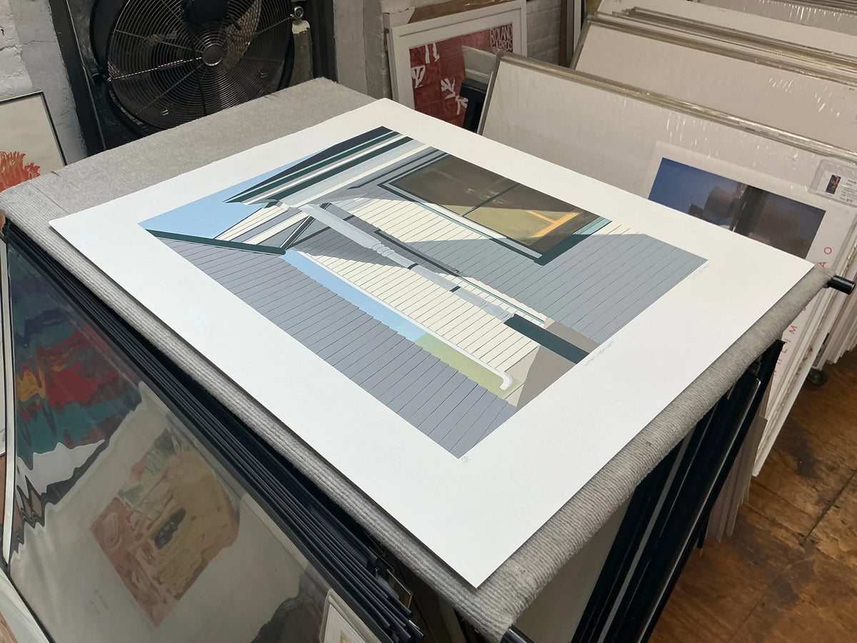Gretchen Dow Simpson Westport Massachusetts 1991 signed limited edition serigraph artwork showing coastal scene with boats and shoreline