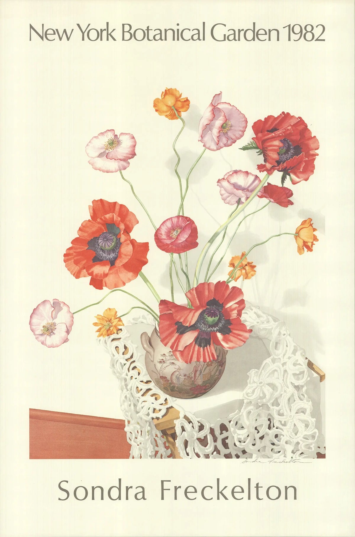 Sondra Freckelton New York Botanical Garden 1982 offset lithograph poster featuring botanical illustrations in vibrant colors.