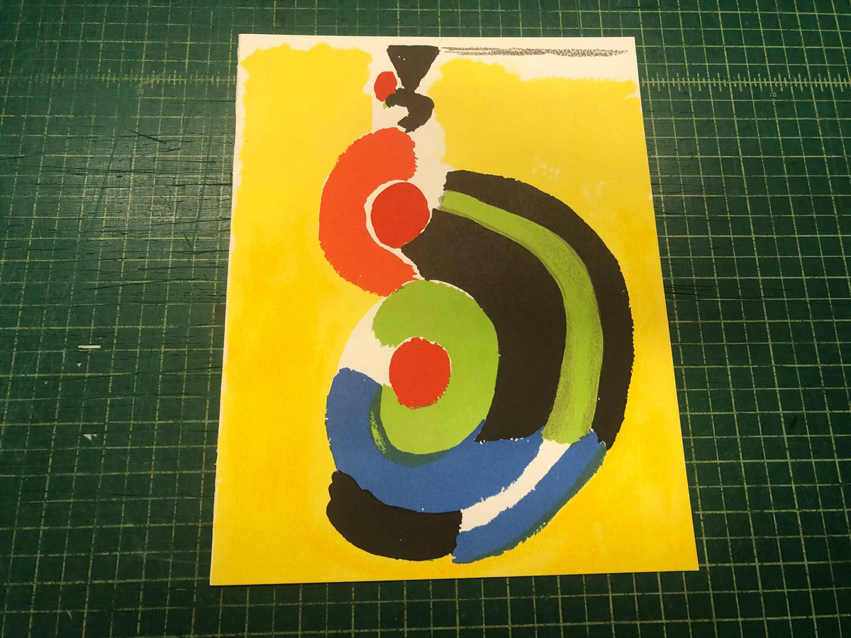 Original Sonia Delaunay lithograph titled "Composition pour XXieme Siecle 1972" featuring vibrant abstract geometric artwork.
