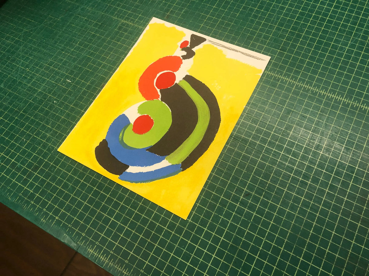 Original lithograph art by Sonia Delaunay titled "Composition pour XXieme Siecle" from 1972, showcasing vibrant abstract geometric design.