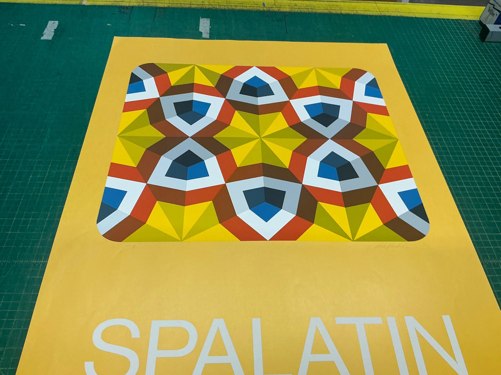 Limited edition abstract serigraph by Marko Spalatin titled "Kaleidoscope 1980," signed and featuring vivid, colorful geometric patterns.