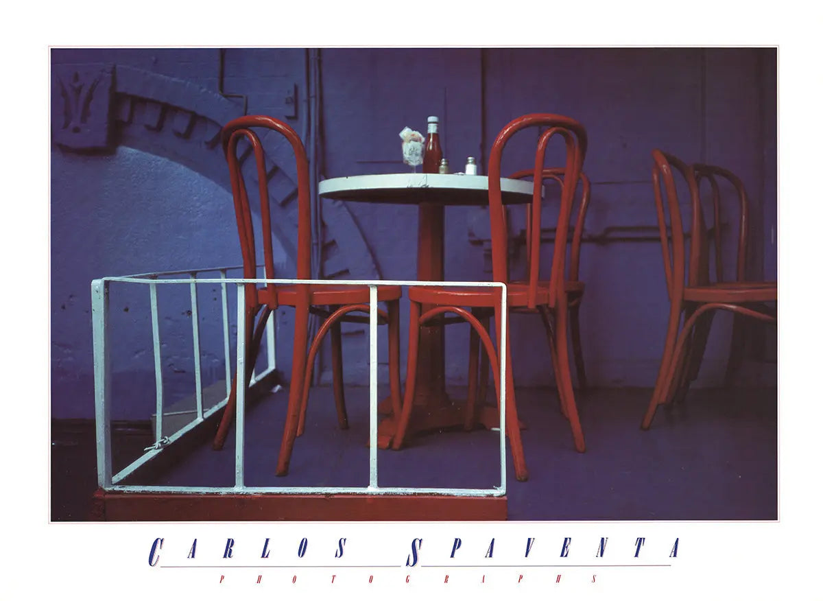 Vintage 1981 Carlos Spaventa still life offset lithograph poster featuring café scene in a colorful, artistic style.