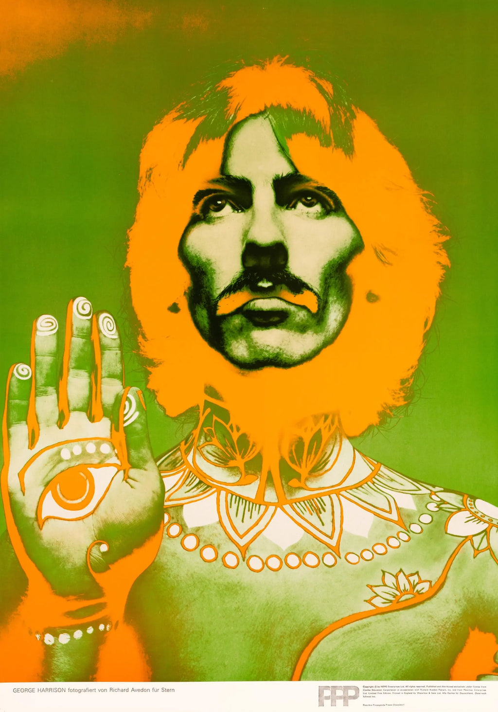 Original 1967 George Harrison Beatles pop art poster by Richard Avedon, featuring a vibrant portrait of George Harrison.