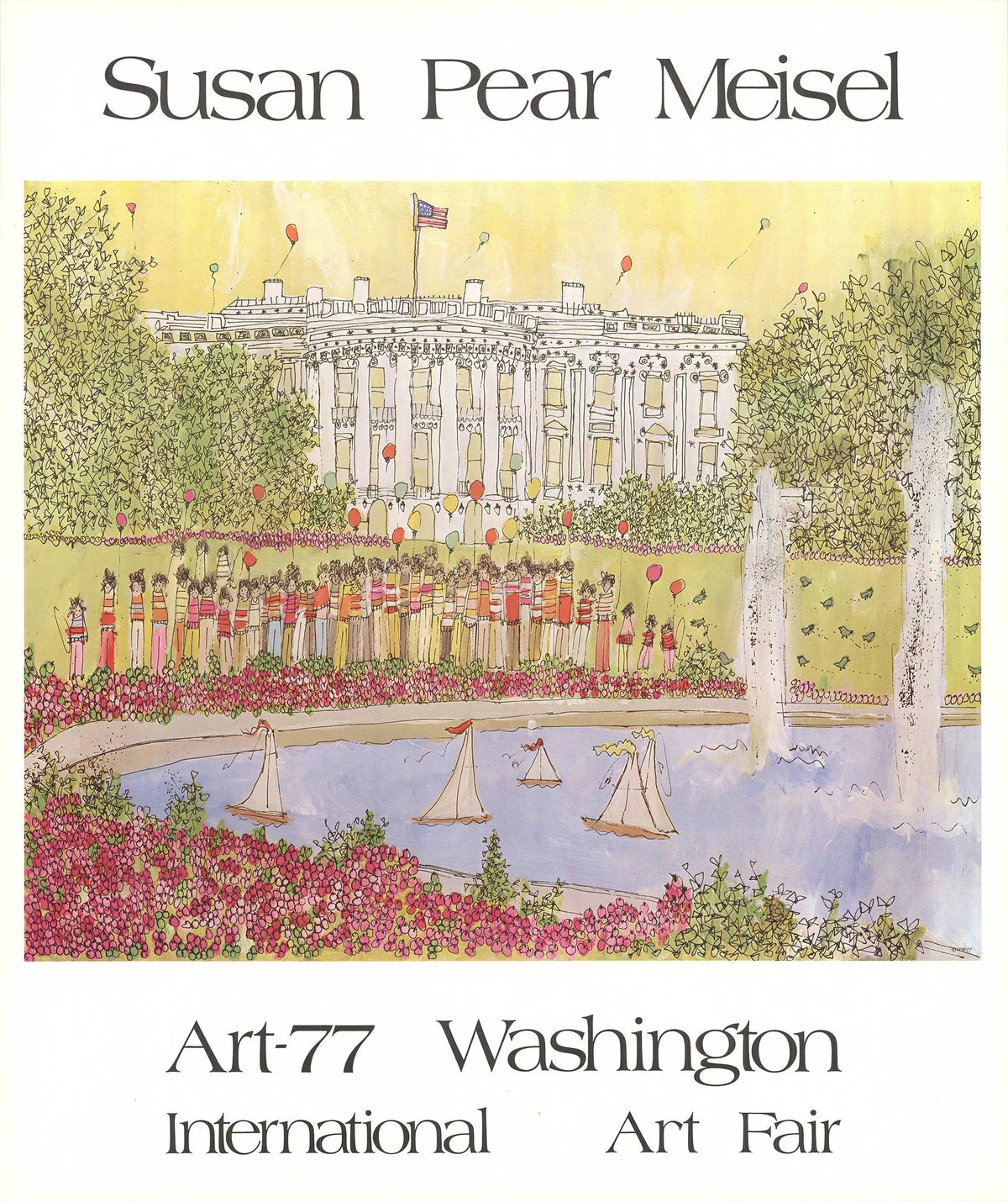 Susan Pear Meisel The White House 1977 art poster offset lithograph showing a detailed image of the White House building.