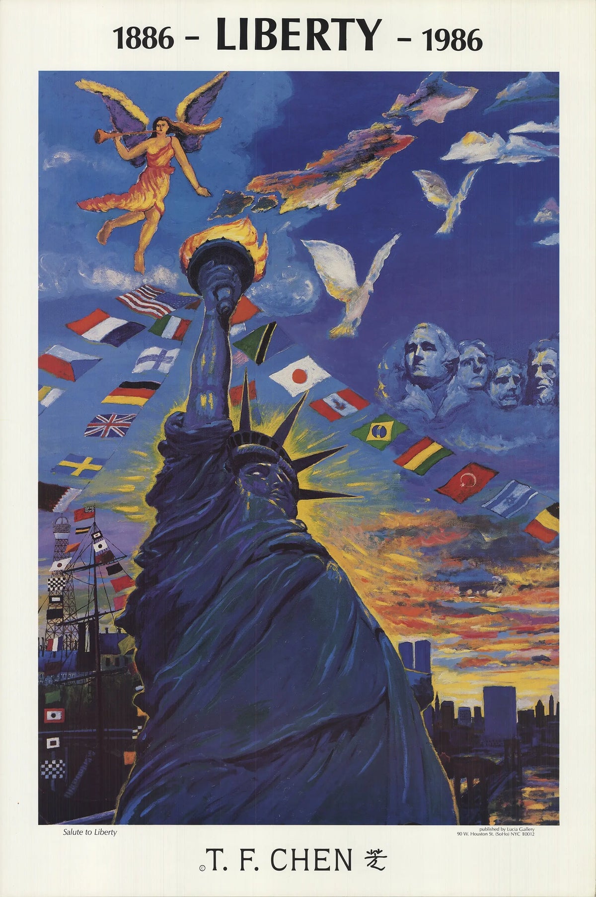 T.F. Chen Salute to Liberty 1986 Statue Centennial offset lithograph poster showing the Statue of Liberty in vibrant colors