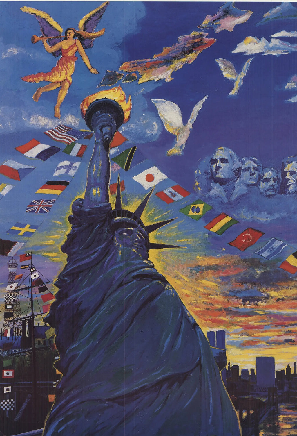 T.F. Chen Salute to Liberty 1986 Statue Centennial offset lithograph poster showing a patriotic artwork with the Statue of Liberty.