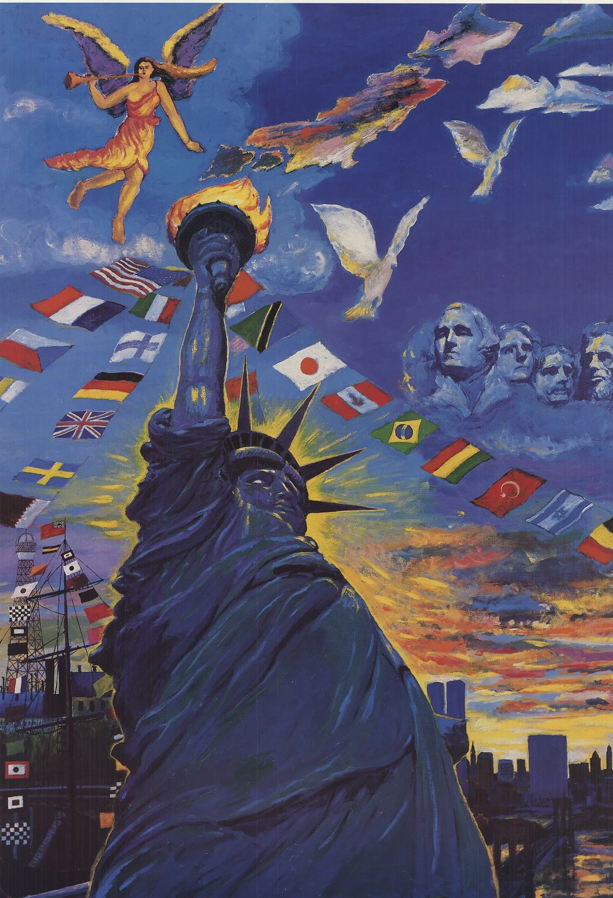 T.F. Chen Salute to Liberty 1986 Statue Centennial offset lithograph poster showing a patriotic artwork with the Statue of Liberty.