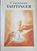 Vintage Taittinger L'Instant Champagne poster on linen, showcasing 1980 original artwork with elegant design and branding details.